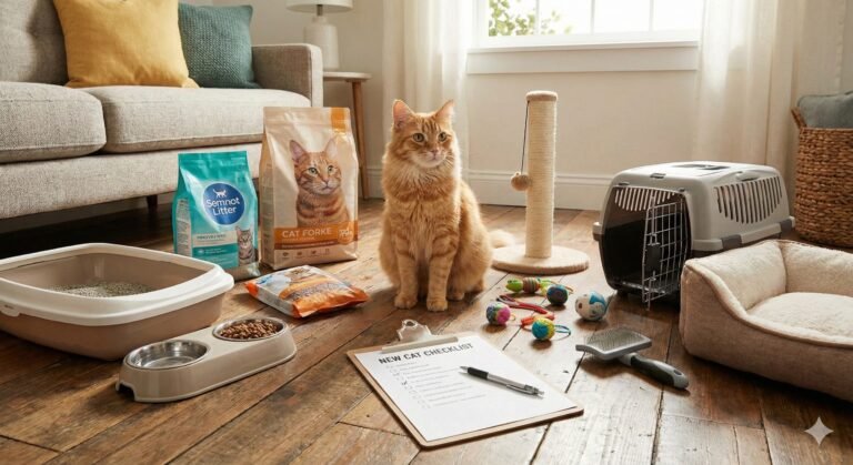 Cat surrounded by pet supplies.