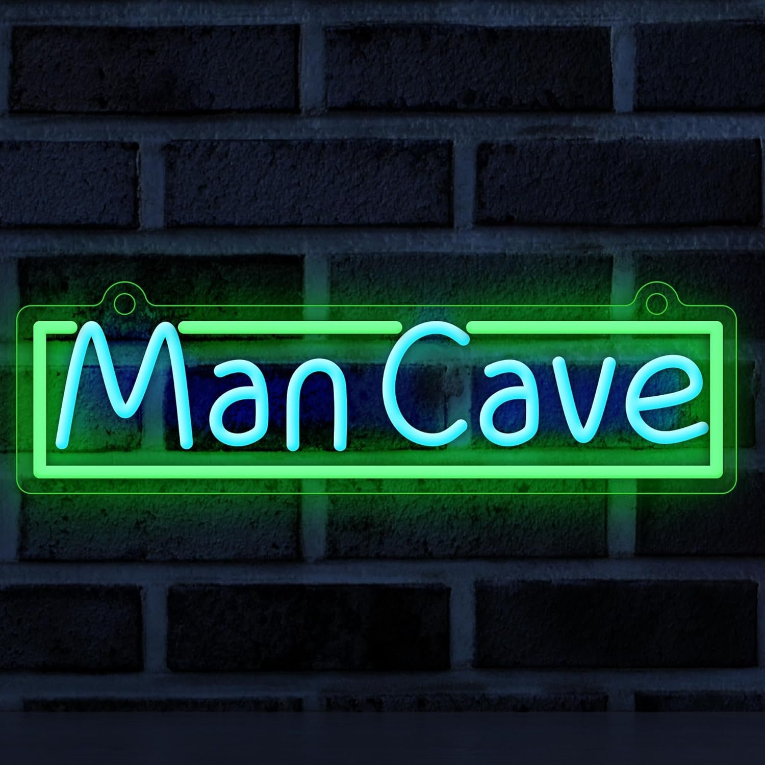 Man cave neon sign glowing in dark room